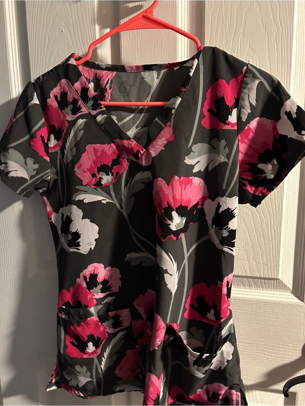 Unlisted Black Floral V-Neck Scrub Top with Pink and Gray Blooms